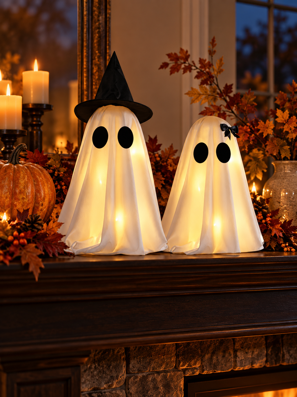 Two lighted white Halloween ghost figurines on an autumn fireplace mantel
