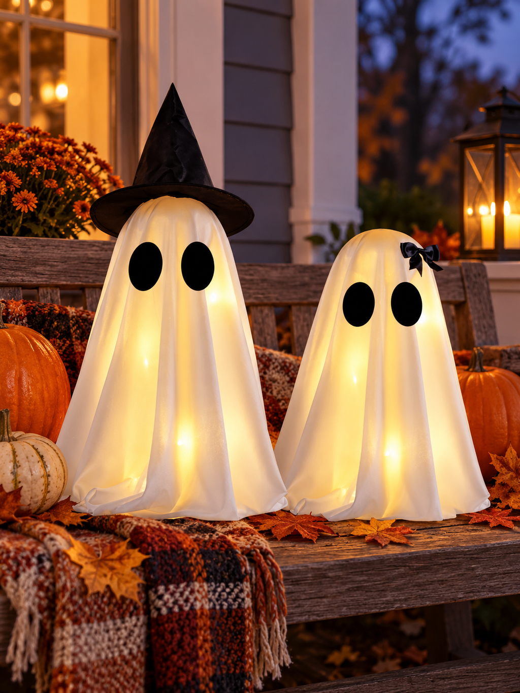 Two lighted white Halloween ghost figurines on a covered front porch bench