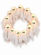Lighted Halloween wreath with twelve white gauze ghosts on a white background