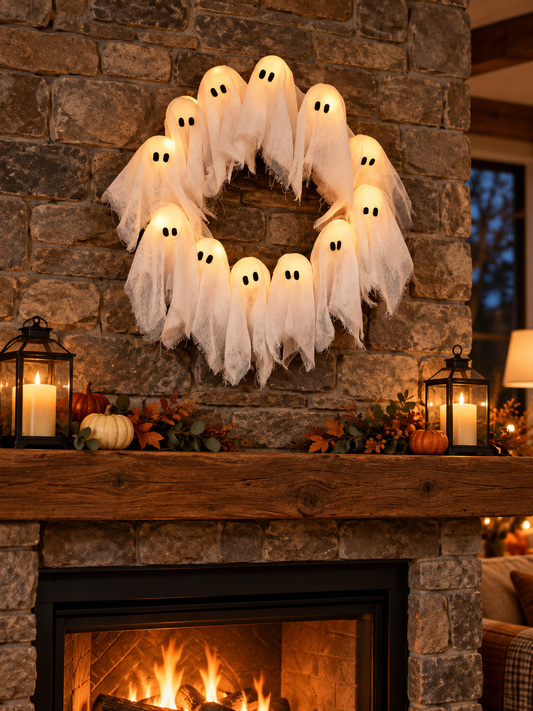 Lighted twelve-ghost Halloween wreath above a stone fireplace mantel