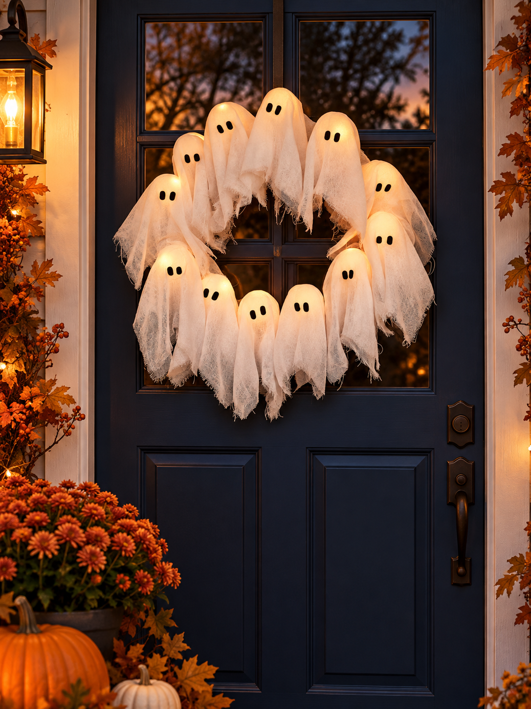Lighted twelve-ghost Halloween wreath hanging on a dark blue front door