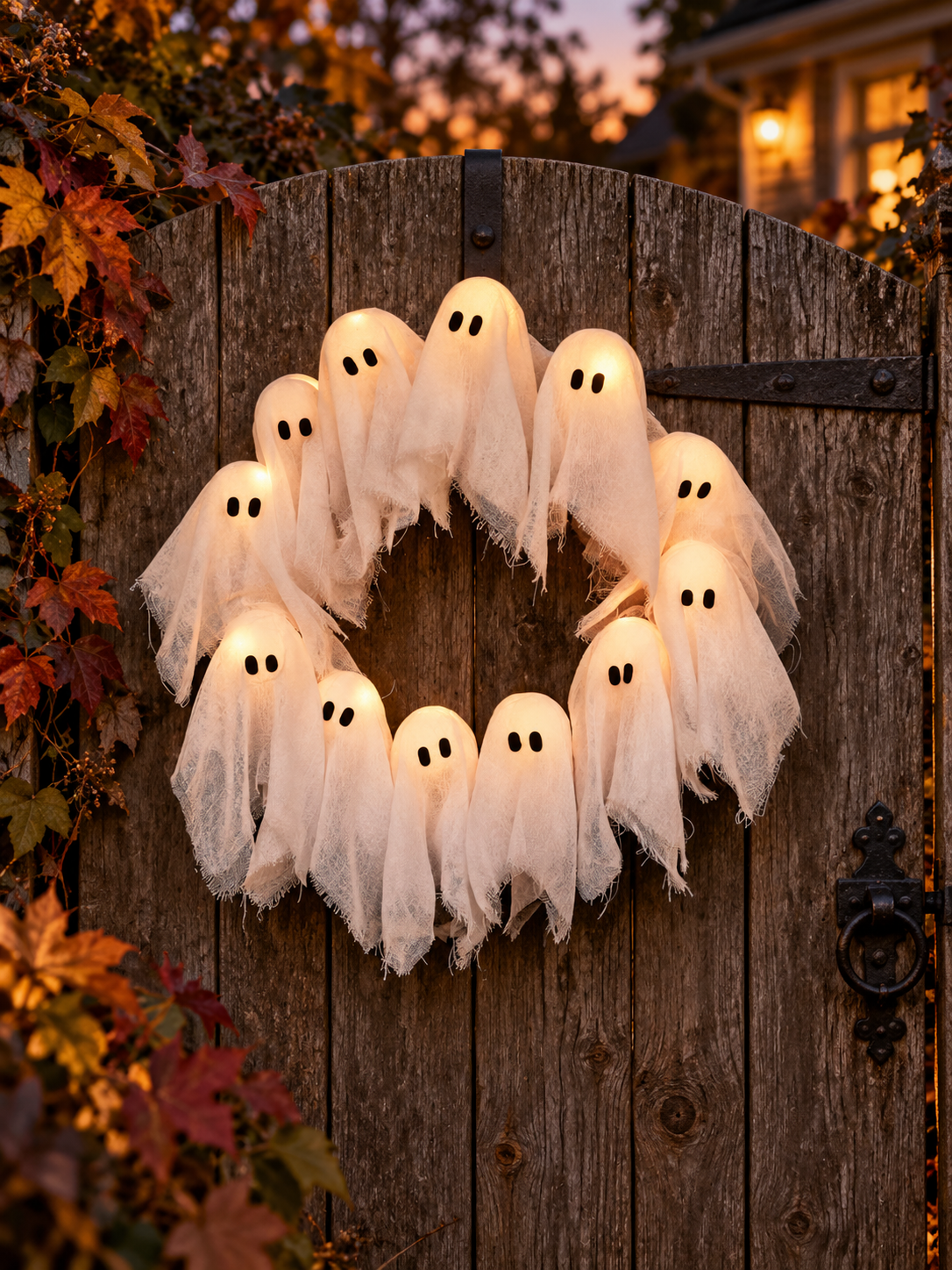 Lighted twelve-ghost Halloween wreath hanging on a wooden garden gate