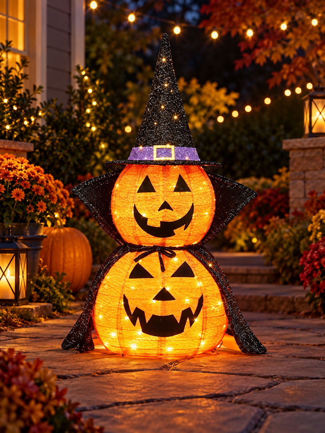 Collapsible lighted pumpkin decoration on a backyard patio walkway