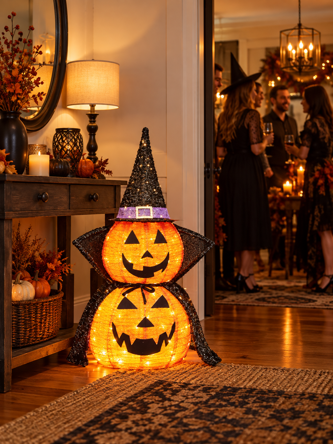 Collapsible lighted pumpkin decoration in an indoor Halloween entryway