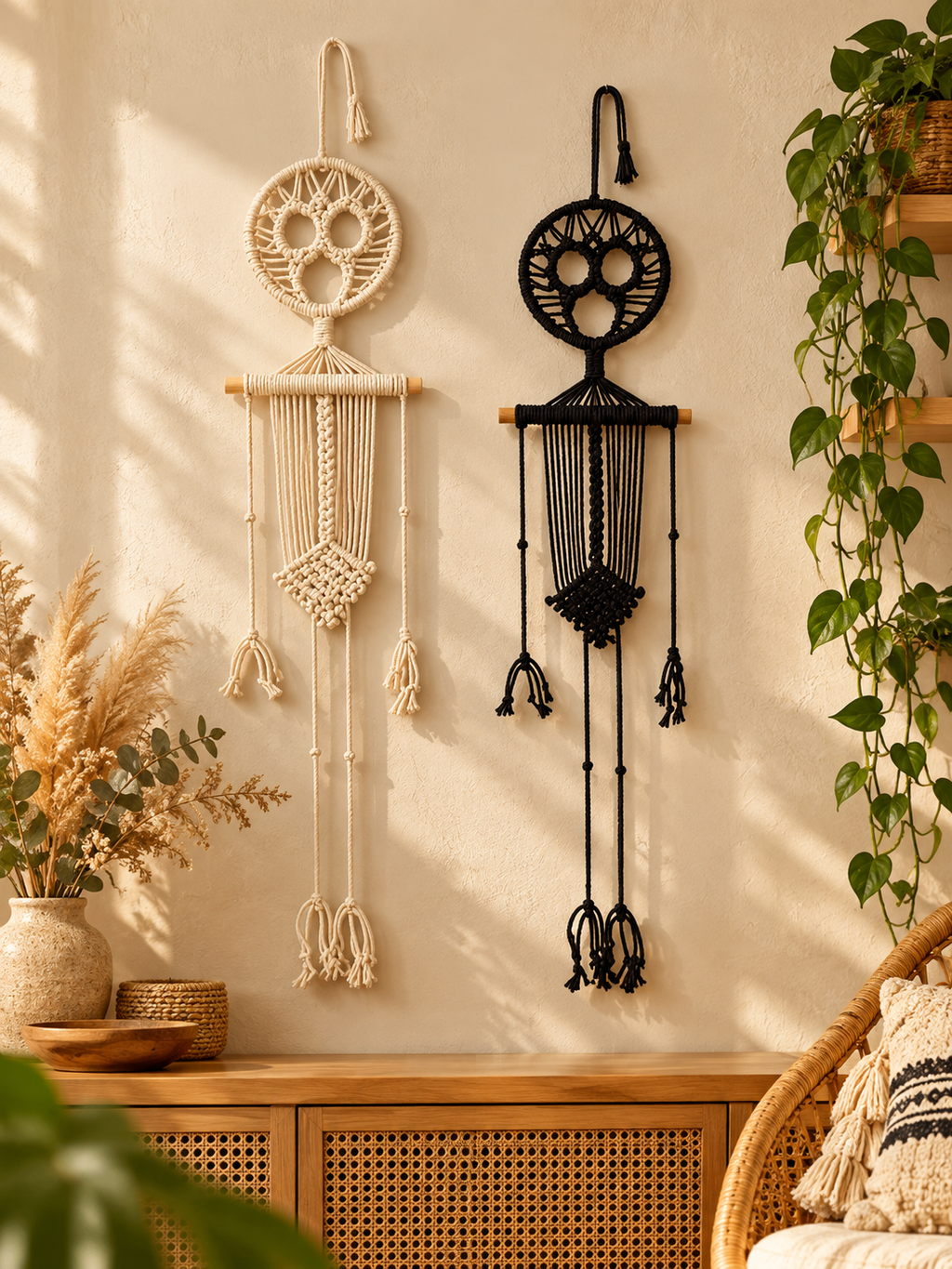Black and ivory macrame skeleton wall hangings in a boho living room