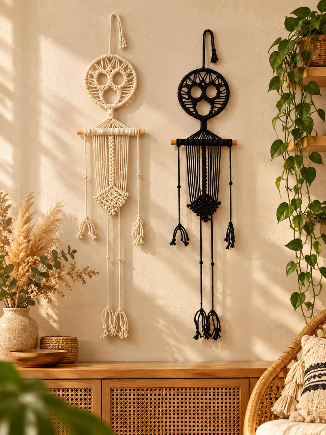 Black and ivory macrame skeleton wall hangings in a boho living room