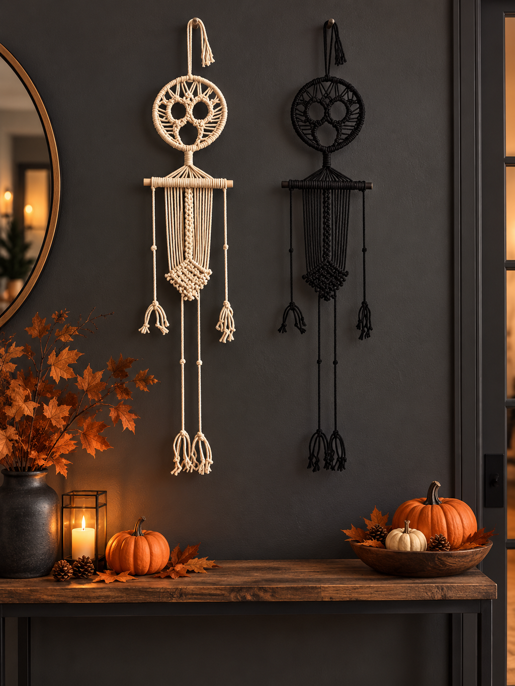 Black and ivory macrame skeleton wall hangings on a charcoal entryway wall