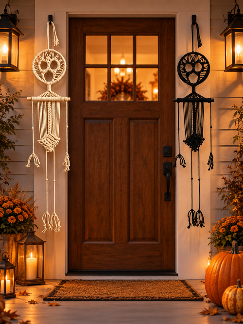 Black and ivory macrame skeleton wall hangings beside a wooden front door