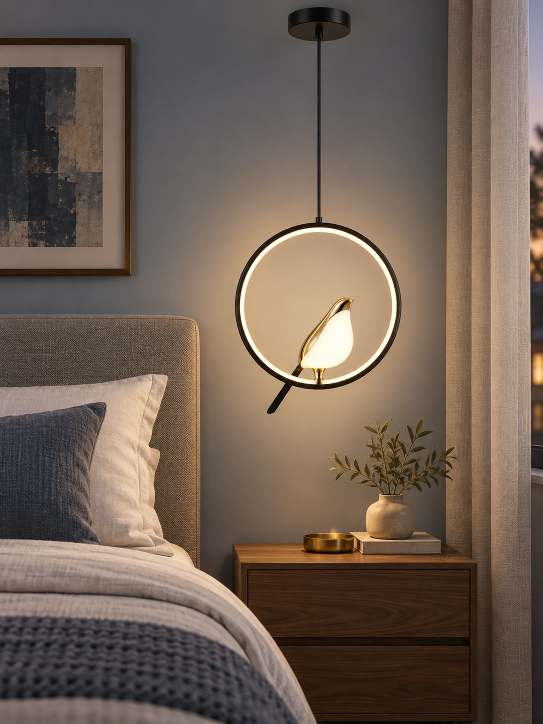 Magpie LED bird pendant light beside a boutique bedroom