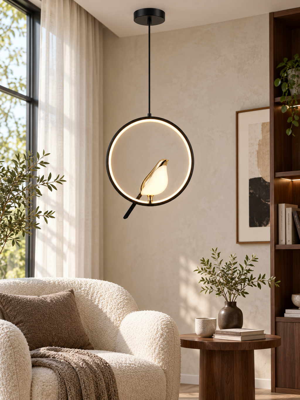 Magpie LED bird pendant light in a modern reading corner