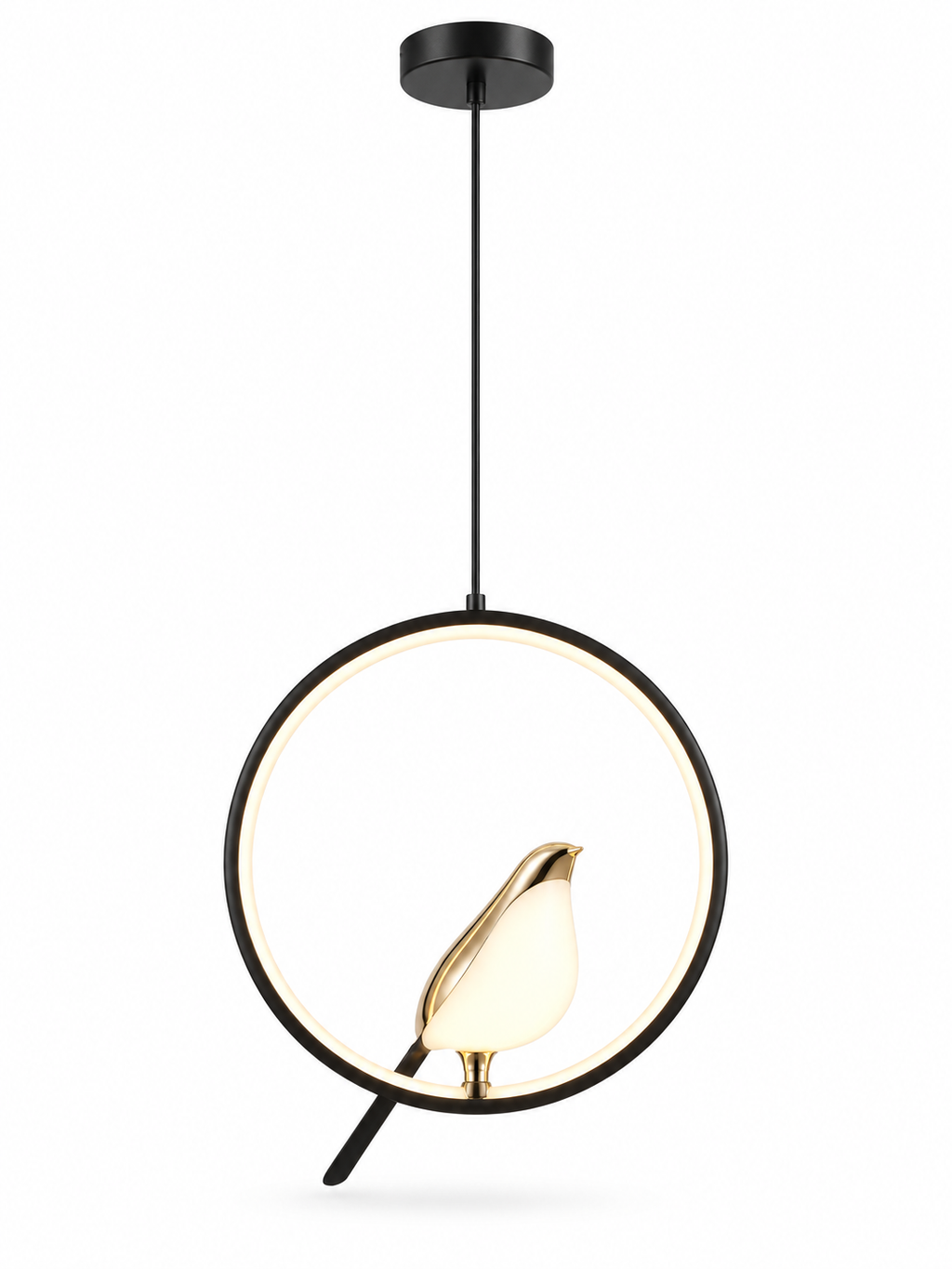 Black and gold Magpie LED bird pendant light on white background