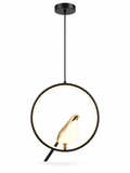 Black and gold Magpie LED bird pendant light on white background