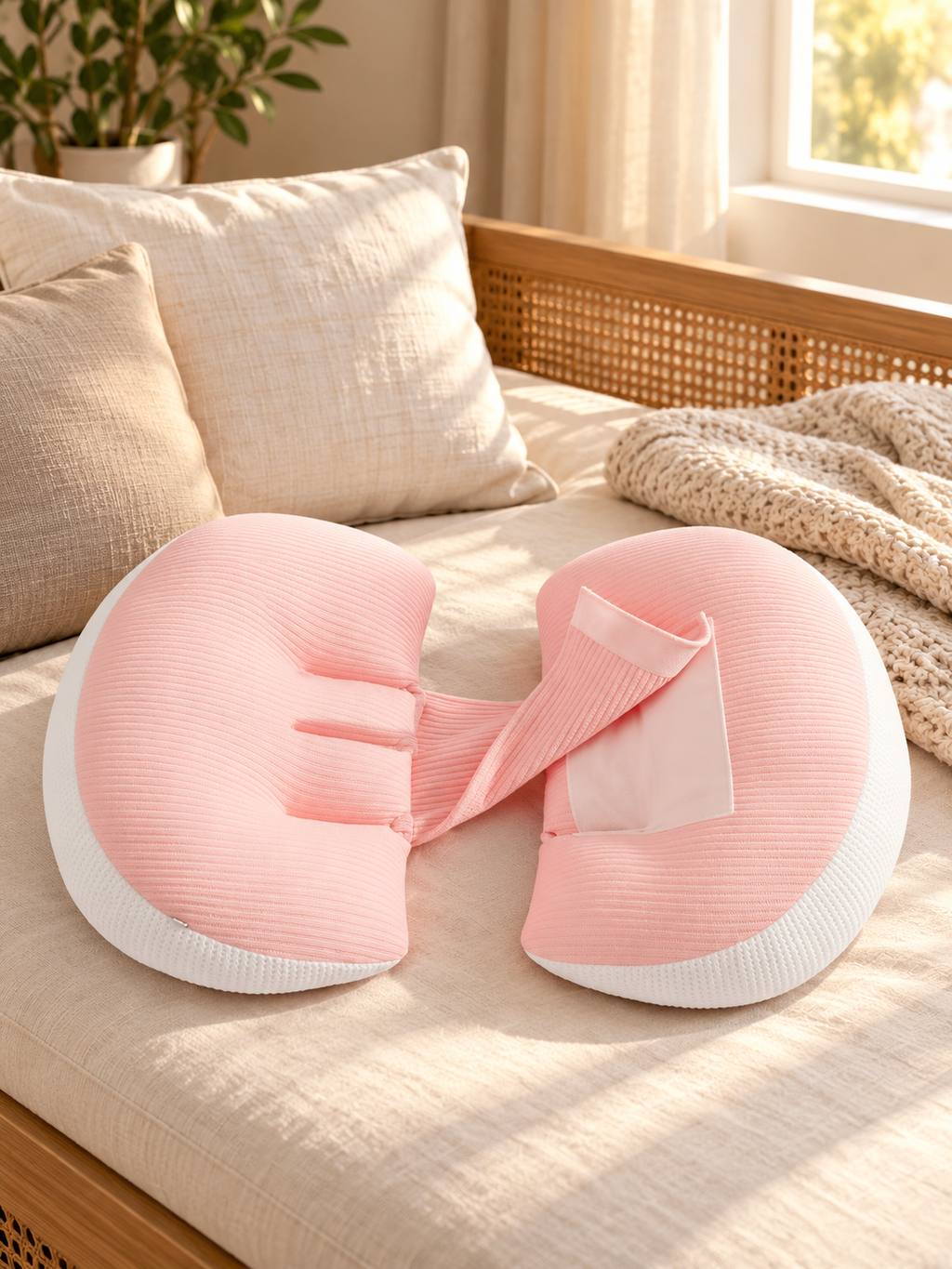 Pink maternity support pillow on a sunlit modern daybed