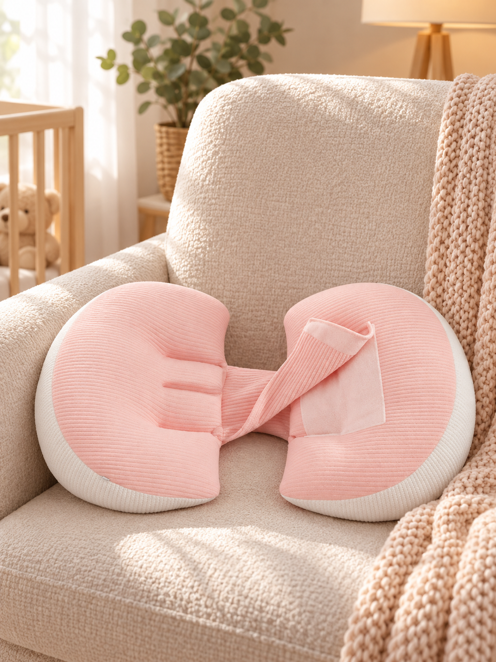 Pink maternity support pillow on an upholstered chair in a warm nursery