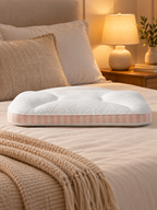 White and pink striped medium support pillow in a warm guest bedroom