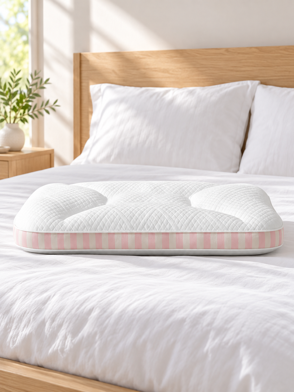 White and pink striped medium support pillow on a bright modern bed
