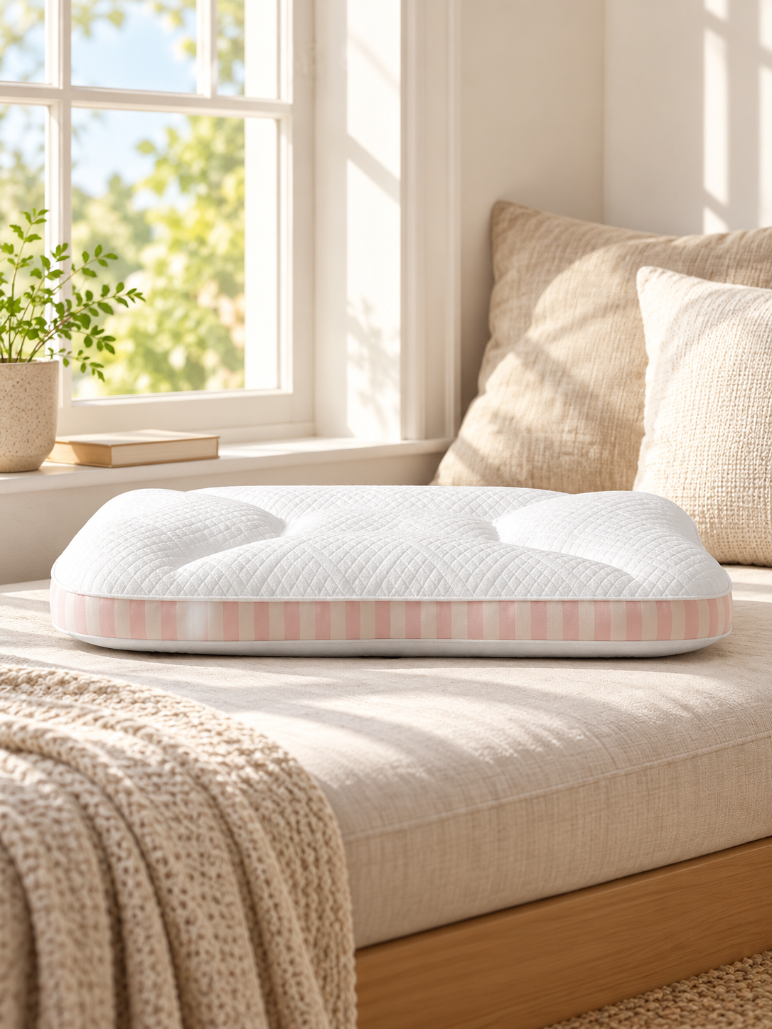 White and pink striped medium support pillow on a sunlit daybed