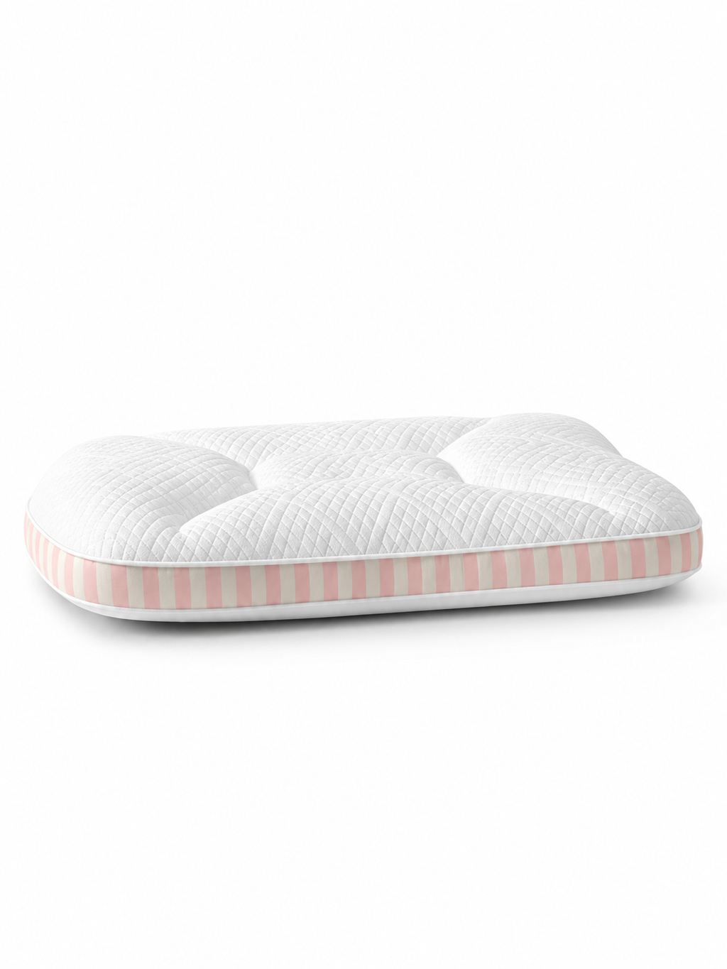 White and pink striped medium support pillow on a seamless white background