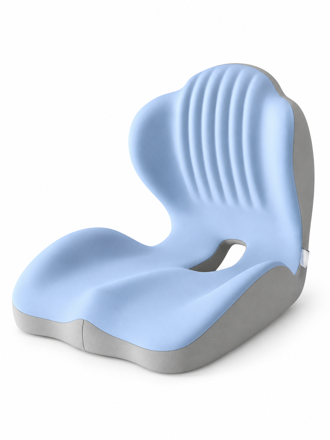 Blue and gray memory foam seat cushion with back support on white
