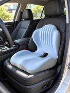 Blue and gray memory foam seat cushion on a car seat