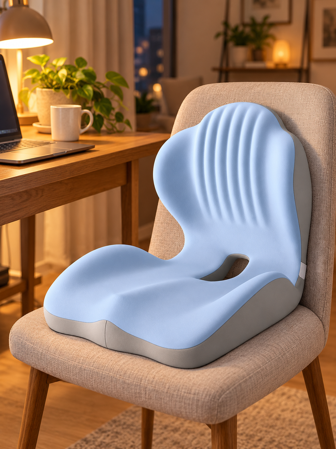 Blue and gray memory foam seat cushion in a warm home workspace