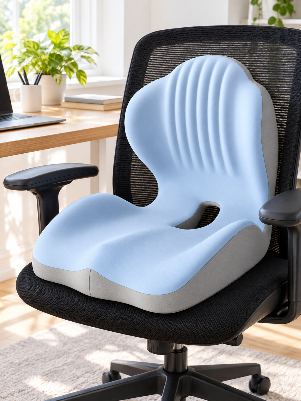 Blue and gray memory foam seat cushion on a black office chair