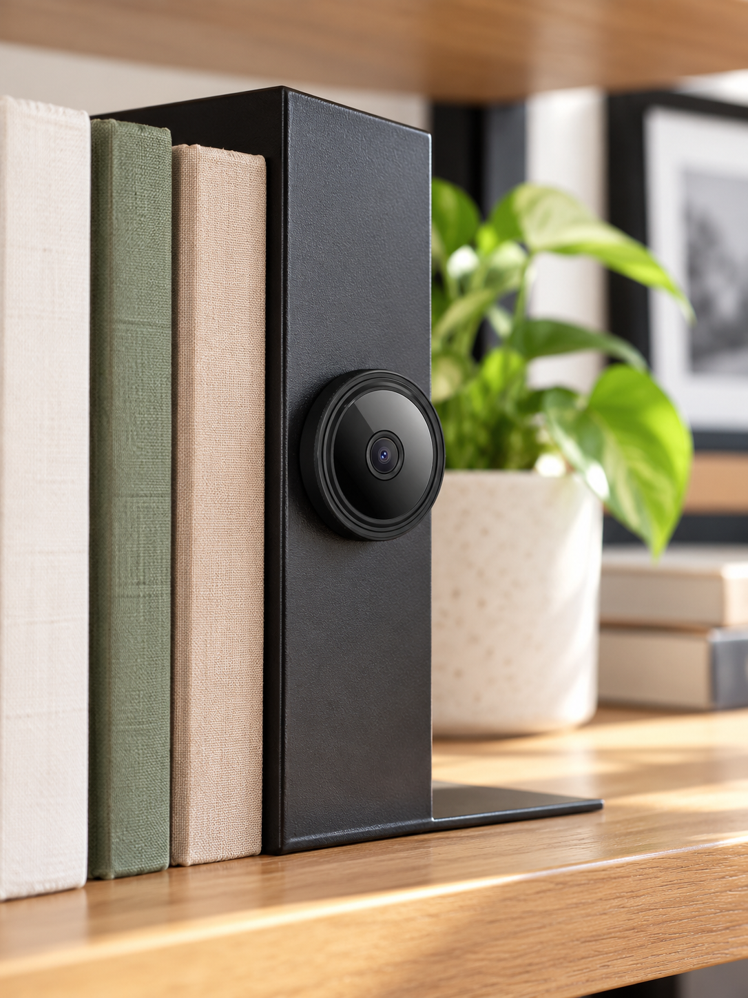 Black mini wireless magnetic camera mounted on a home office bookshelf