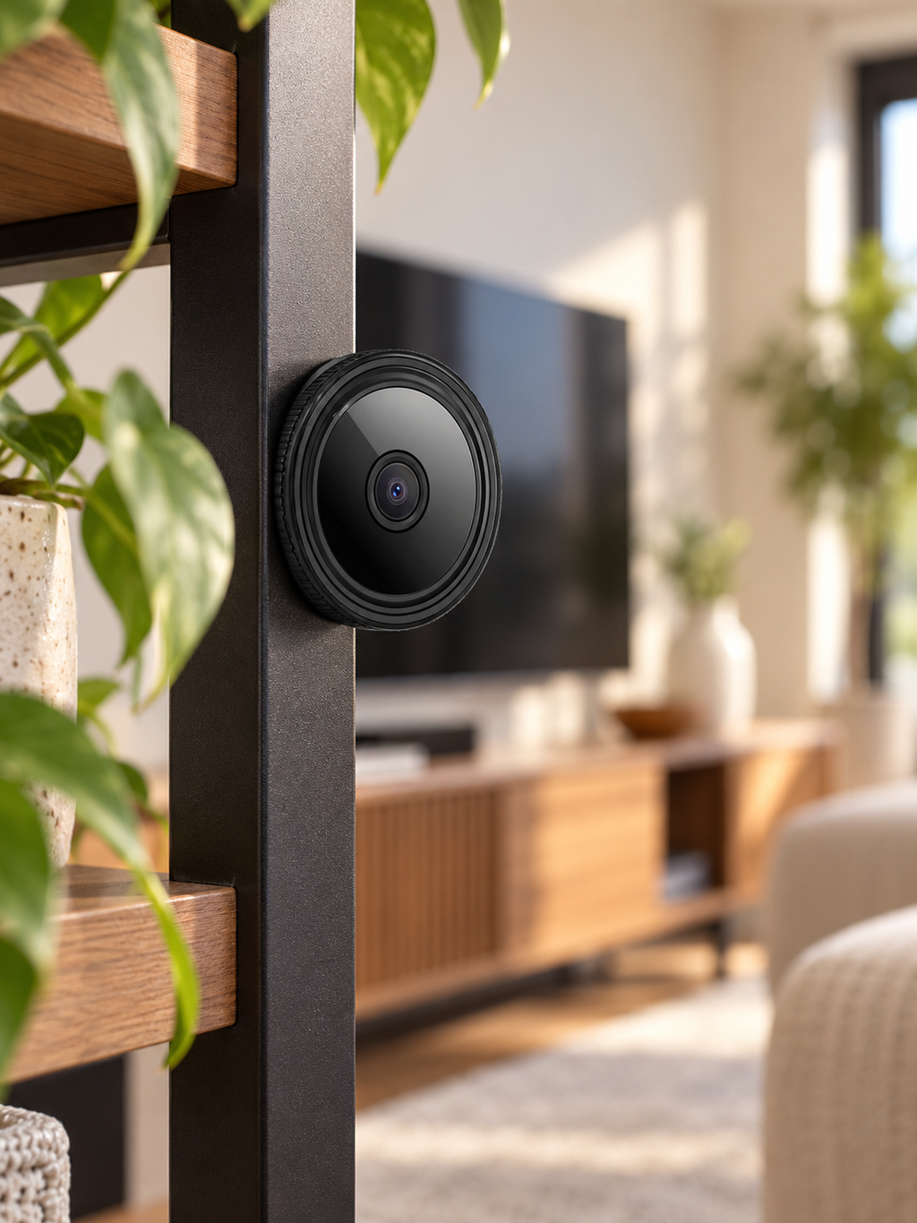 Black mini wireless magnetic camera mounted on a living room shelf support