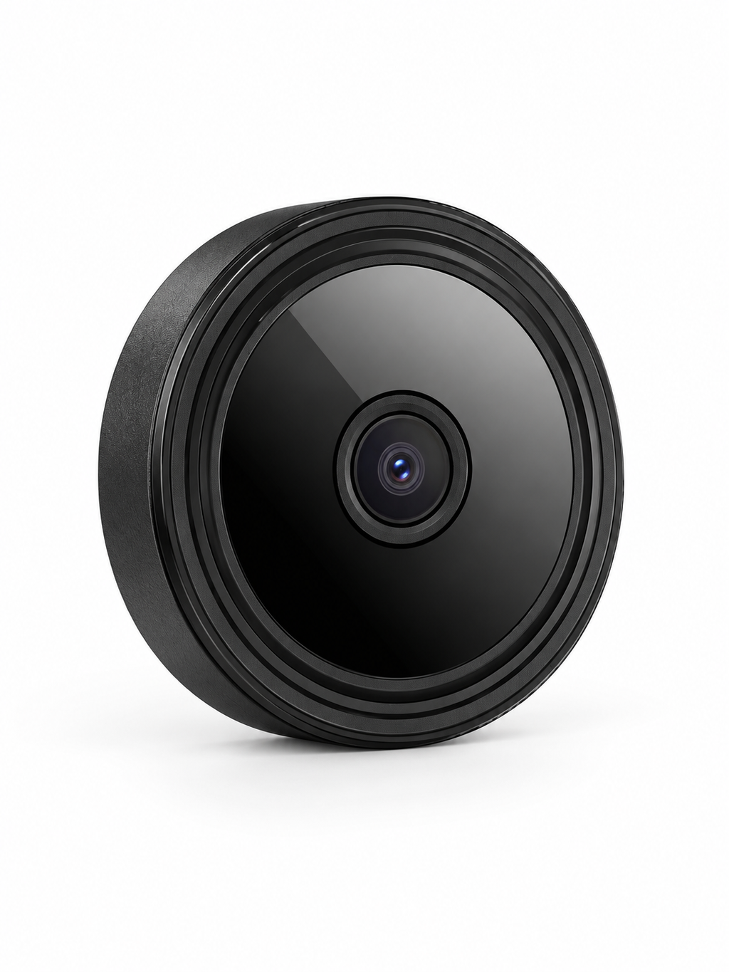 Black coin-sized wireless magnetic camera on a seamless white background
