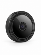 Black coin-sized wireless magnetic camera on a seamless white background