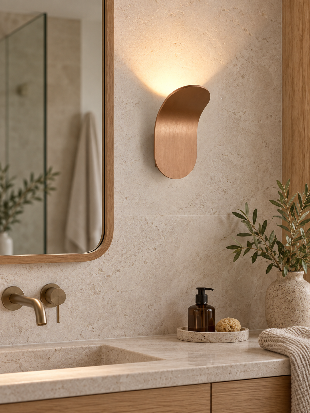 Brushed copper LED wall sconce beside a bathroom mirror