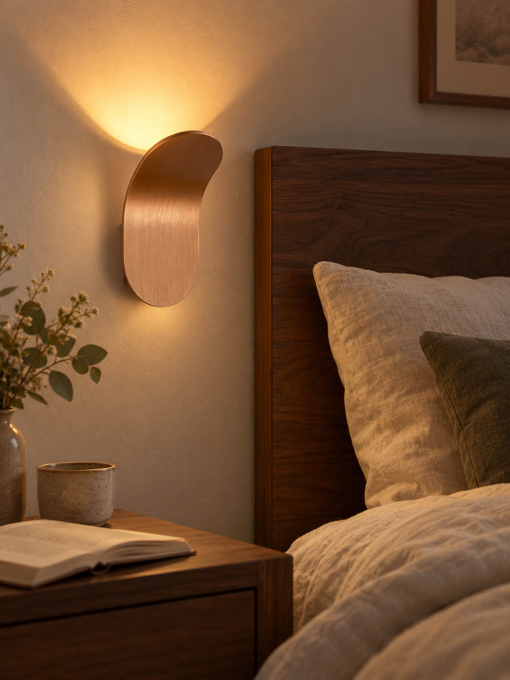 Brushed copper LED wall sconce beside a walnut bed
