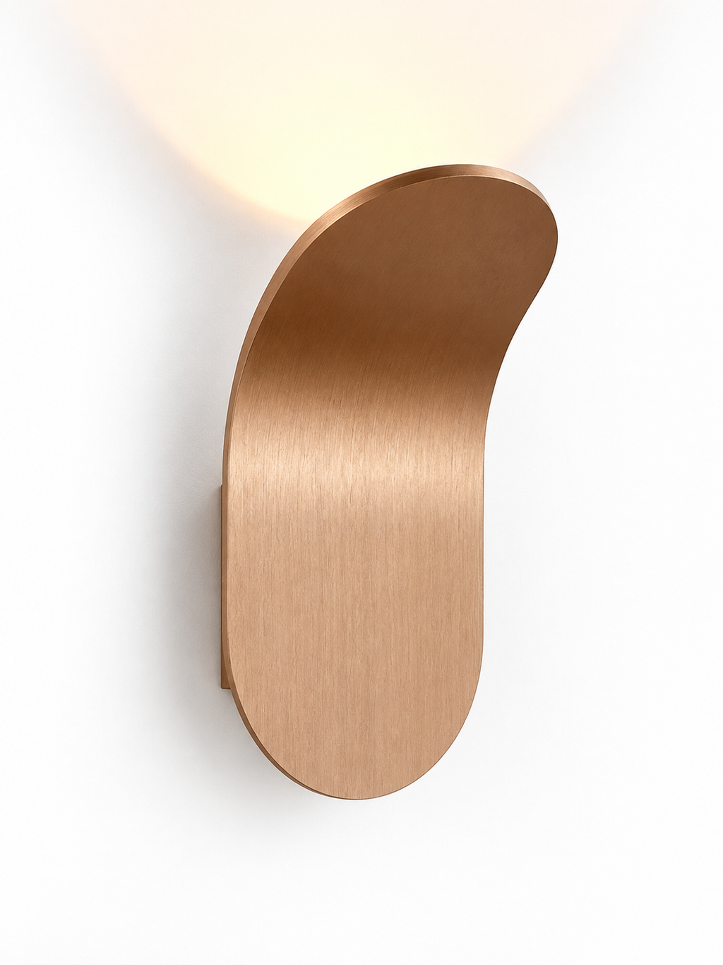 Brushed copper minimalist LED wall sconce on white background