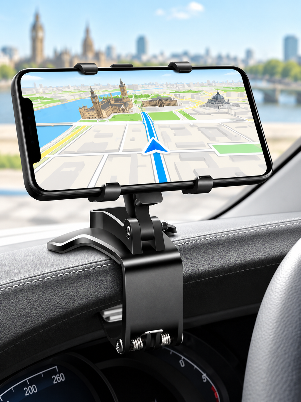 Black dashboard-clamp phone holder installed in a modern sedan