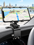 Black dashboard-clamp phone holder installed in a modern sedan