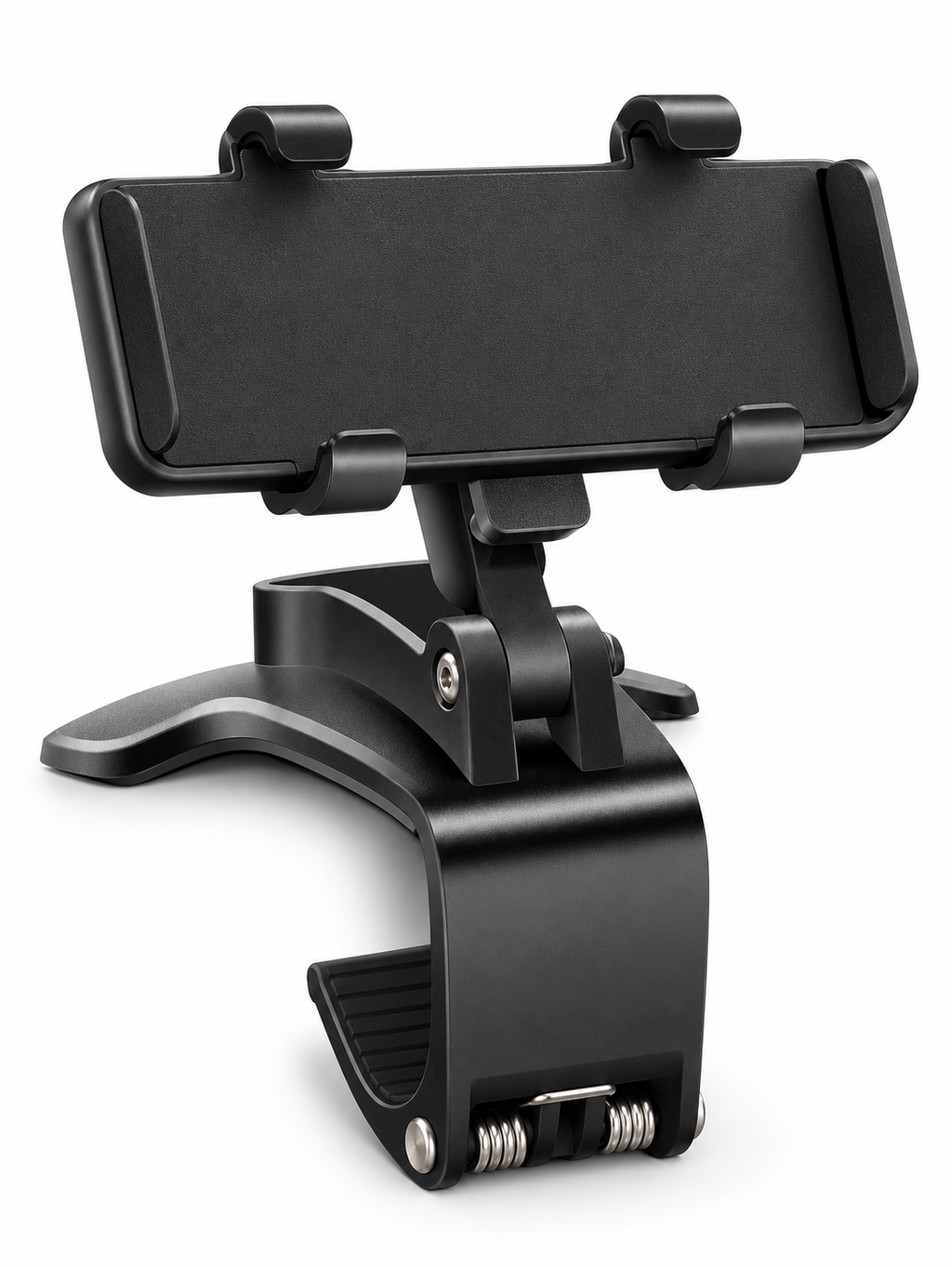 Black spring-clamp car phone holder on a seamless white background