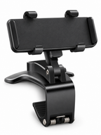 Black spring-clamp car phone holder on a seamless white background