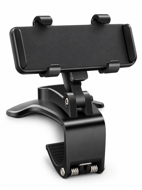 Black spring-clamp car phone holder on a seamless white background