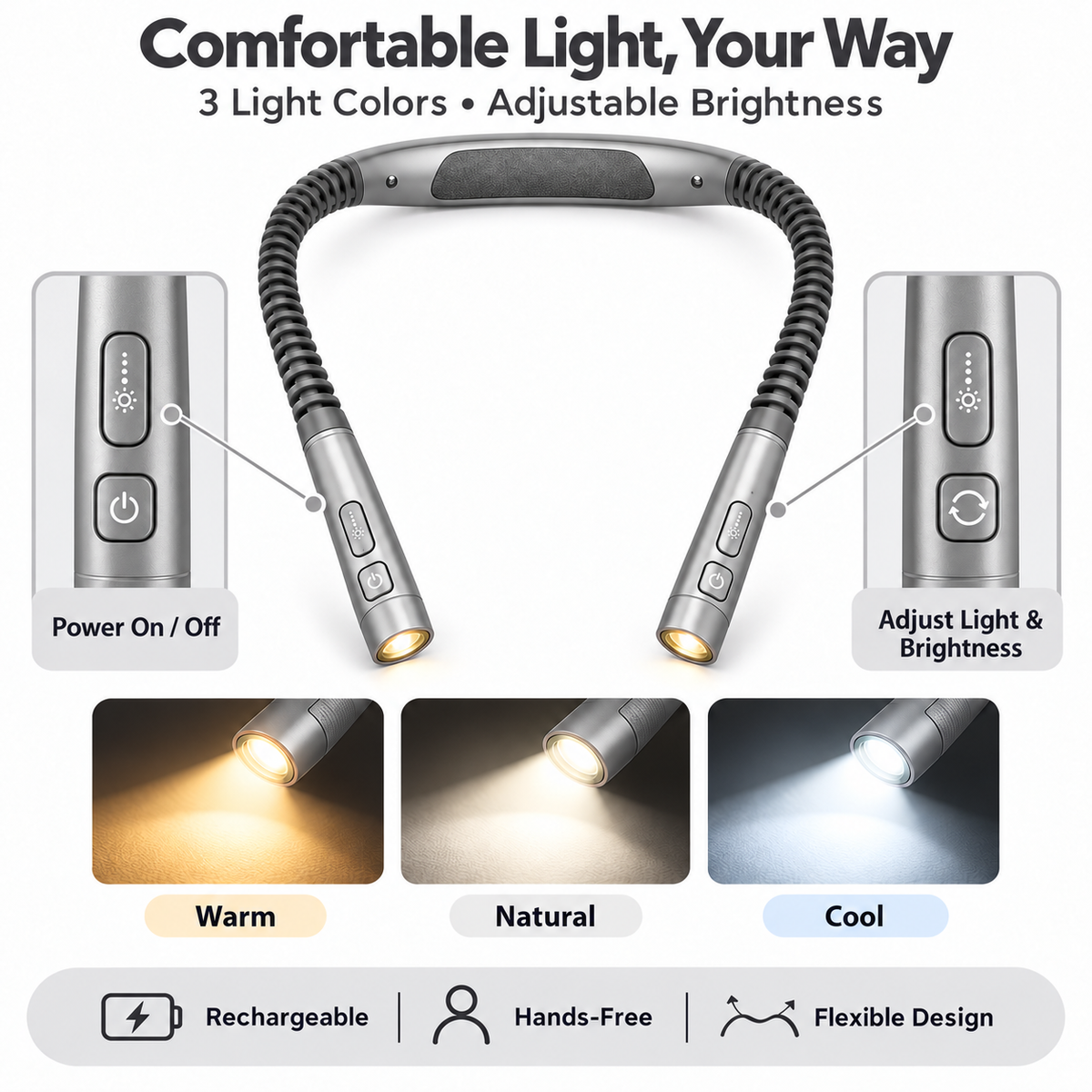 Graphite gray rechargeable neck reading light with light colors and brightness controls