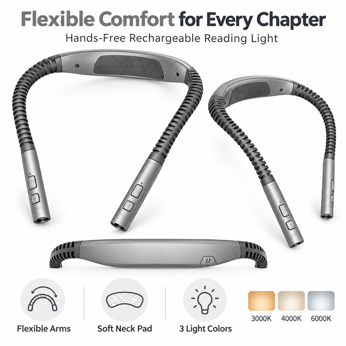 Graphite gray rechargeable reading light showing flexible arms and padded neck design