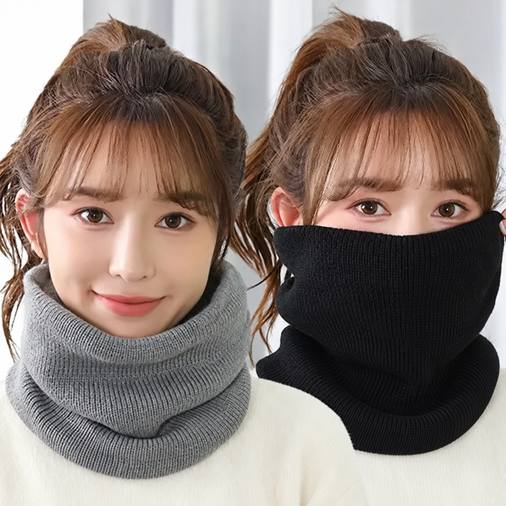 Knitted Winter Neck Warmer with Plush Lining in use