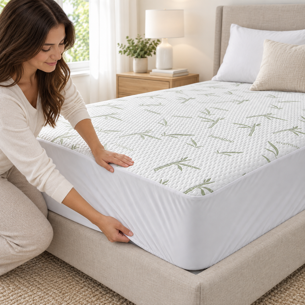 Waterproof bamboo mattress protector fitted on a modern bed