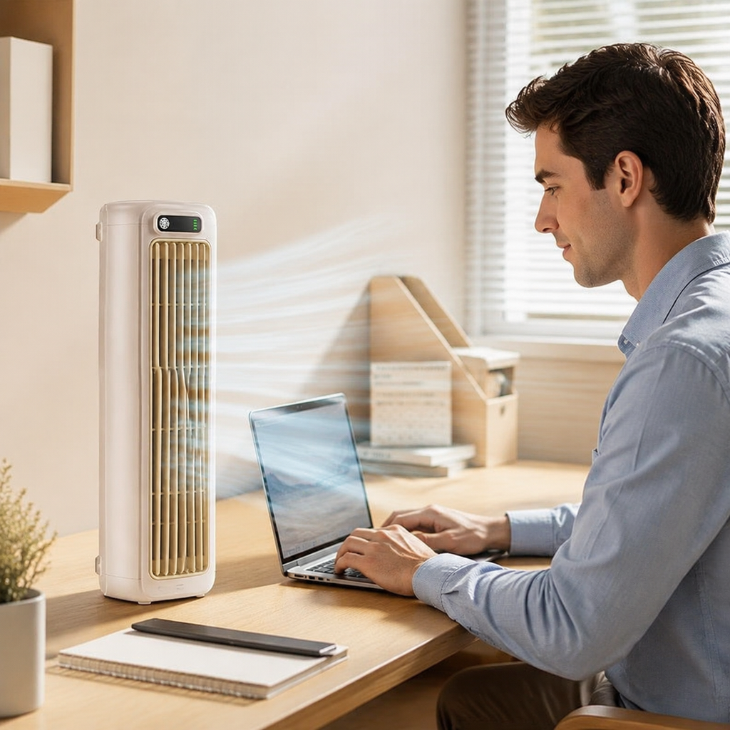 Compact Bladeless Evaporative Cooling Fan in use – lifestyle photo 1