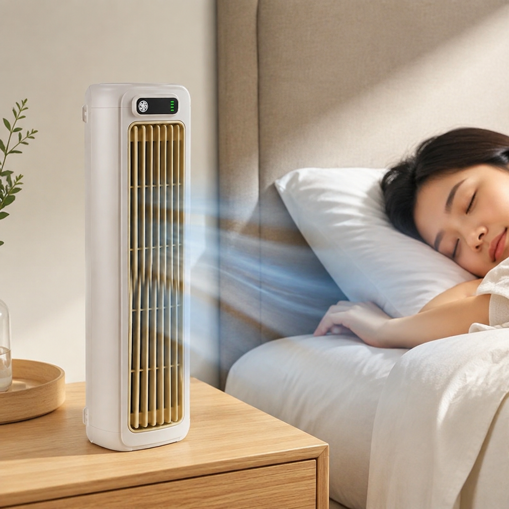 Compact Bladeless Evaporative Cooling Fan in use – lifestyle photo 2