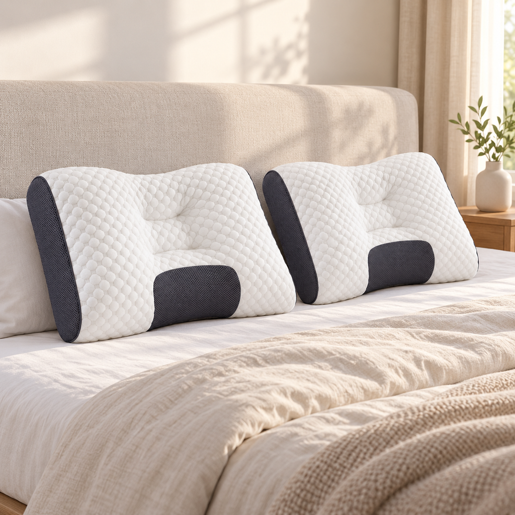 Adjustable ergonomic neck pillow set arranged on a modern bed