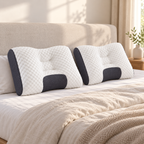 Adjustable ergonomic neck pillow set arranged on a modern bed