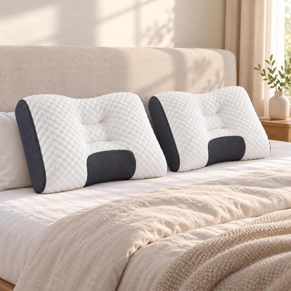 Adjustable ergonomic neck pillow set arranged on a modern bed