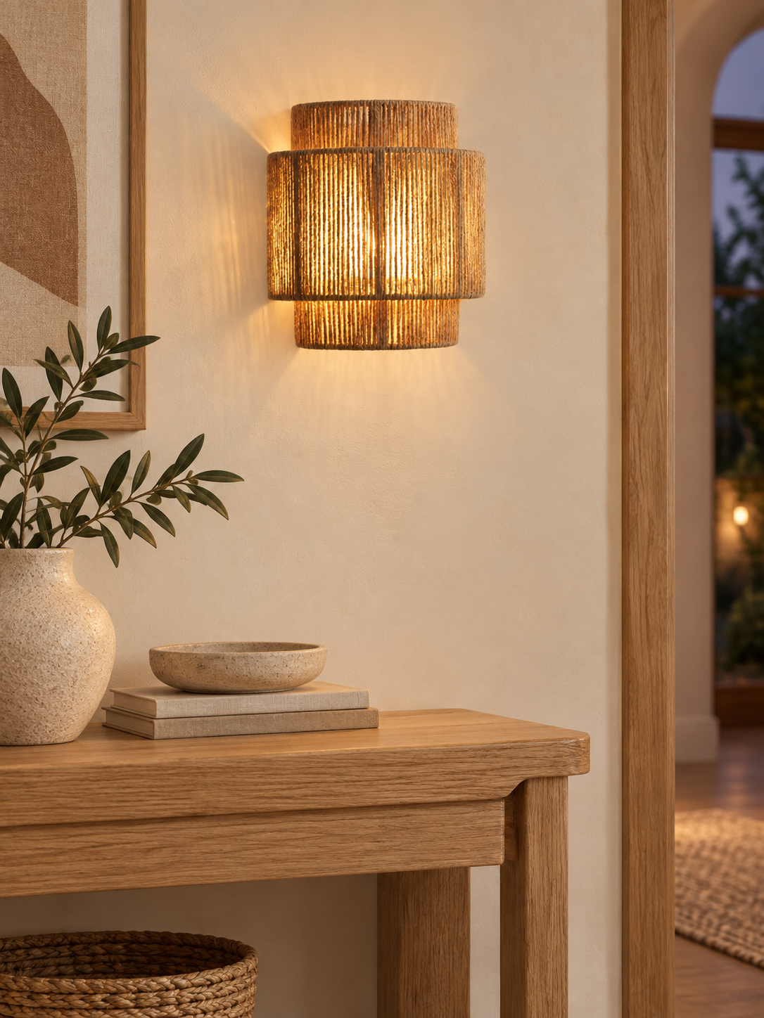 RattanGlow woven wall sconce in an organic modern entryway