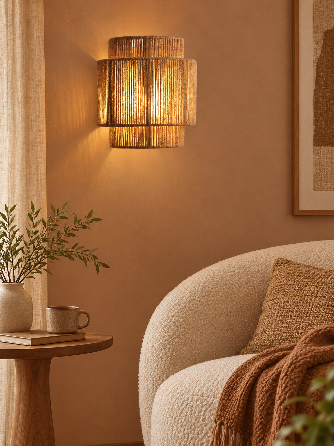 RattanGlow woven wall sconce in an earthy reading nook