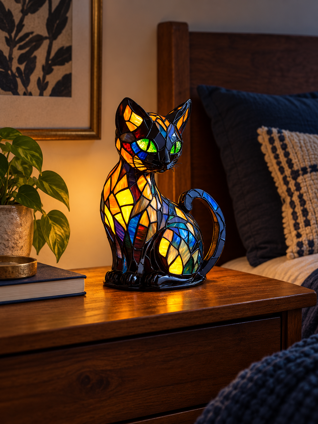 Stained glass cat table lamp on a bedroom nightstand